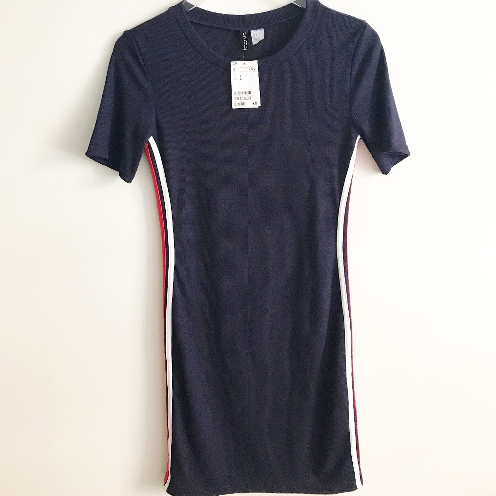Divided Side Striped Navy Bodycon T-Shirt Dress